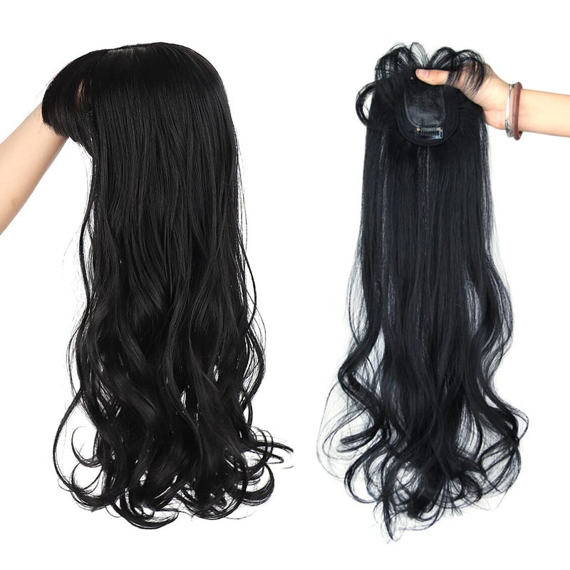 LesafeV 50cm Long Seamless Nature Look Clip in Hairpiece with Side-Fringe Extension Forehead Topper for Women with Thinning Hair Wavy Black - Image 2